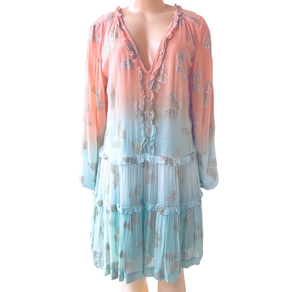 Boston Proper Ombre Butterfly Metallic Tiered Mini Dress Sm Boho Coral Aqua
